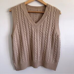 Woman’s V-Neck Cable Knit Sweater Vest - Beige